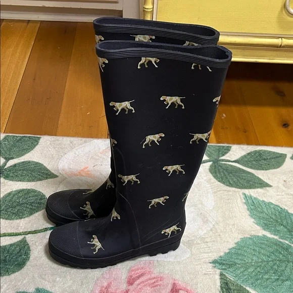 J. Crew Vintage HTF Navy Rain Boots with Dog Print Y2K