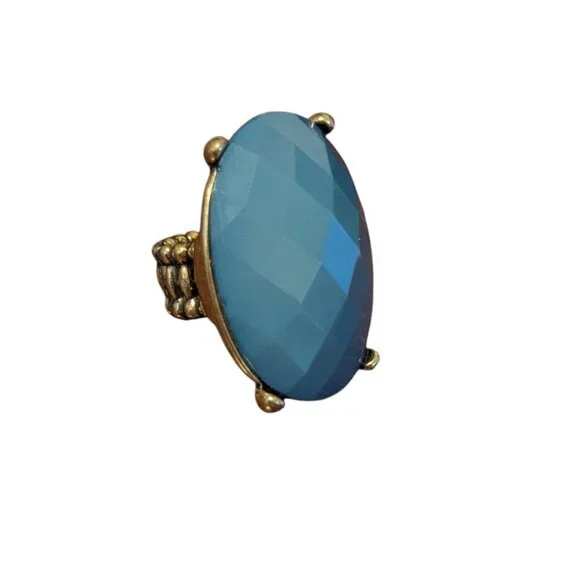 Blue Stone Ring Stretch‎ Band Diamond Cut Prong Bezel Adjustable Boho Statement