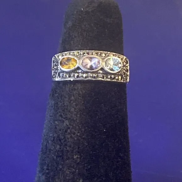 925 Sterling Silver Cocktail Mothers Ring Multi-Color Gemstone Jewelry - Size 7