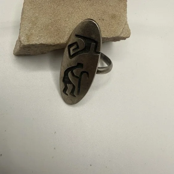Vintage‎ Hopi Sterling Silver Overlay Kokopelli Dancer Ring Signed
