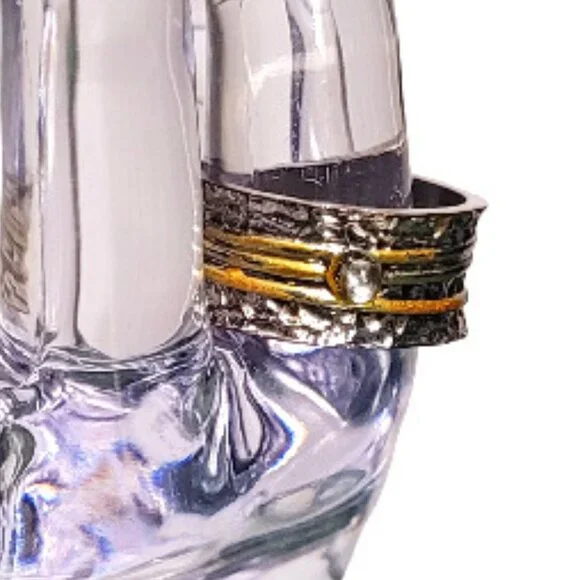 Silver Plated Hammered Mixed Metal Ring with Cubic Zirconia Stone Middle Ring