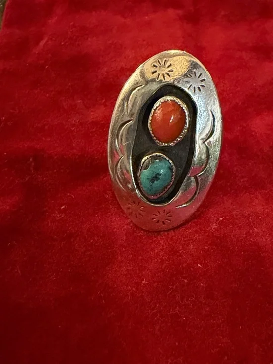 Sterling Oval Statement Ring with Genuine Red Coral and Turquoise Stones Sz 7