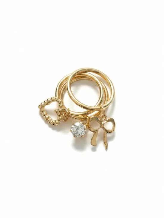 Francesca's Girly Icons Gold Ring Set Size 7 Heart Bow Rhinestone Charms 3pc NEW