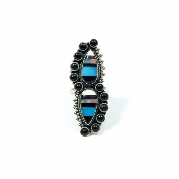 Southwestern Bold Aurora Opal & Onyx Sterling Silver Adjustable Cocktail Ring