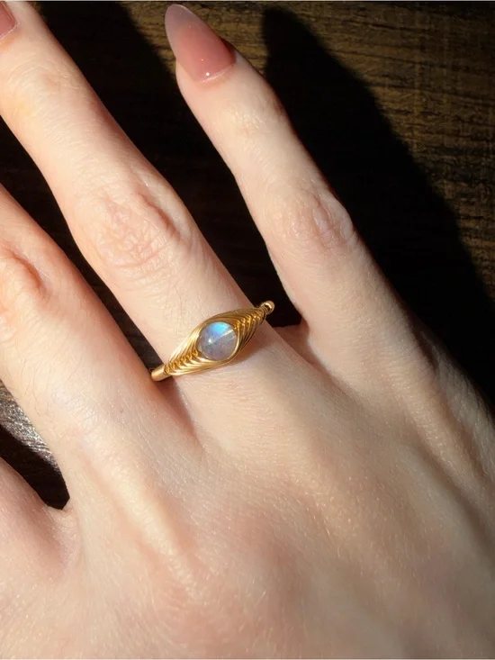 NEW 14kt evil eye gold filled natural laboradorite ring, wire wrapped adjustable