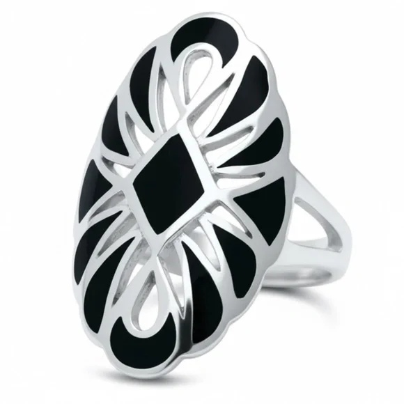 Womens Sterling Silver 925‎ Black Onyx Oval Filigree Cocktail Ring