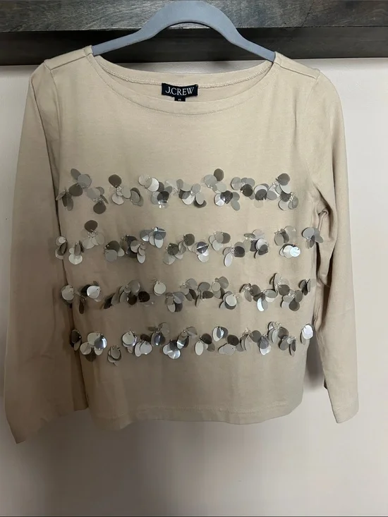 J. Crew Beige Long Sleeve Sequin Stripe Mariner Top
