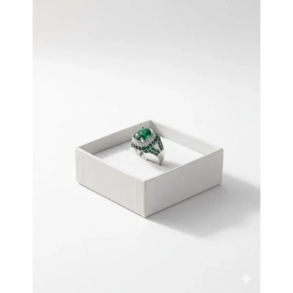 Emerald Green Crystal Cocktail Statement Ring Silver Tone Halo Pave Accent Stone