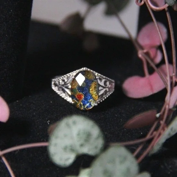 Vintage Sterling Silver 925 Dichroic Glass Filigree‎ Statement Ring Size 10