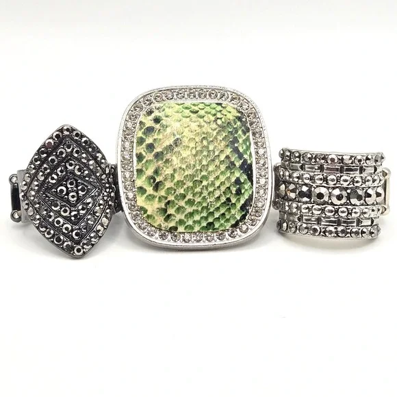 Paparazzi Stretch Rings Set‎ 3 Silver Gunmetal Green Snakeskin Rhinestone