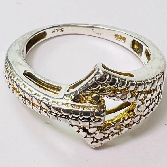 Sterling Silver Geometric Buckle Textured Statement Ring SZ 6.75 Modern Artisan