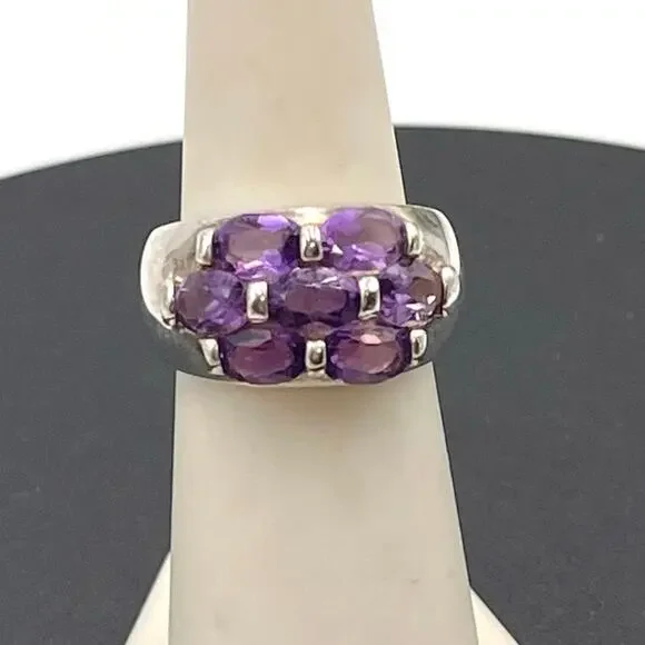 Signed Sterling Silver 925 Purple Amethyst Cluster Brick Step‎ Ring Size 6 3/4