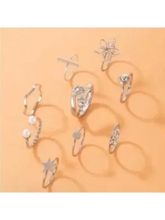 Silver Geometric 9pc Pearl Ring Set