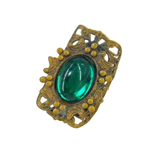 Vintage Style Filigree Adjustable Ring‎ Green Glass Cabochon Antique Brass Tone