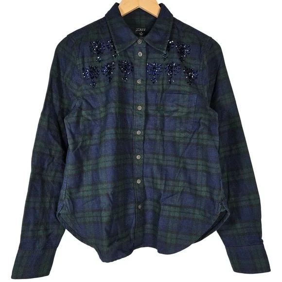 J Crew Womens Plaid Flannel Shirt Blue Green Beaded Embellished Button‎ Down 10