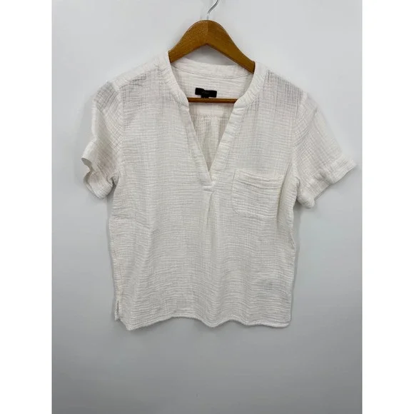 J.Crew BI431 Double Gauze V-Neck Top Womens S Off White Short Sleeve Pocket