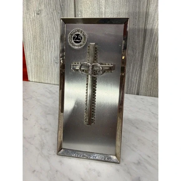 25th Wedding Anniversary Silver Tone Cross Plaque Rhinestone Interlocking Rings