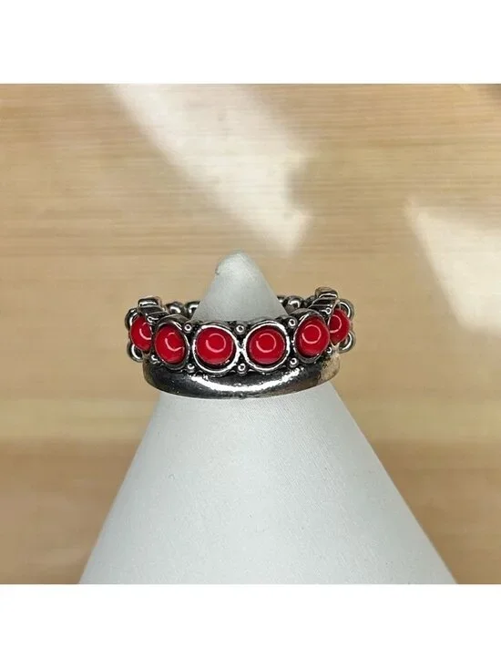 Red Beaded Silver Stretch Ring
