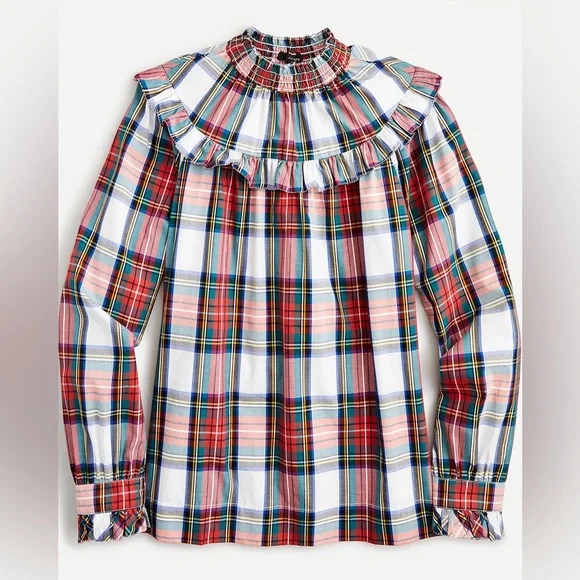 Crew Scallop Tie-Neck Puff Sleeve Top in Stewart Tartan Plaid Women’s XS