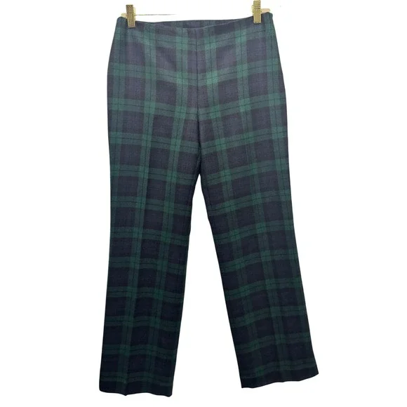 J Crew Italian Wool Plaid Pants‎ Womens Size 2 Green Navy High Rise Career