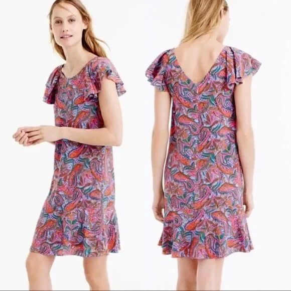 J. Crew Silk Paisley Print Mini Dress Short Sleeve Ruffles Pink Blue Green 8