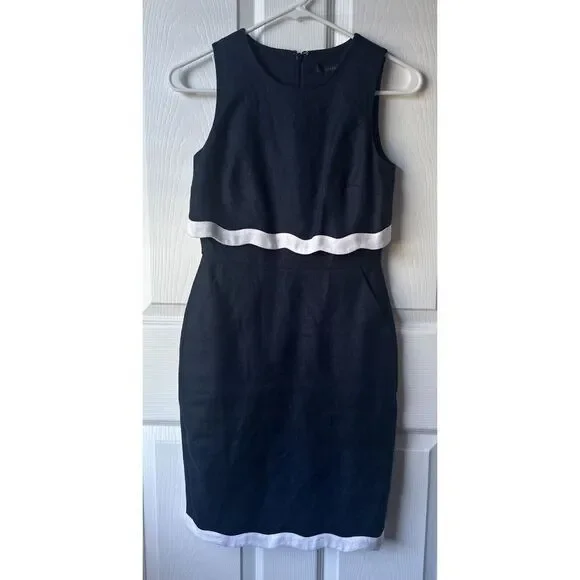 J CREW Going Places Linen Dress Size  00P tall Sleeveless Navy White Scallop Hem