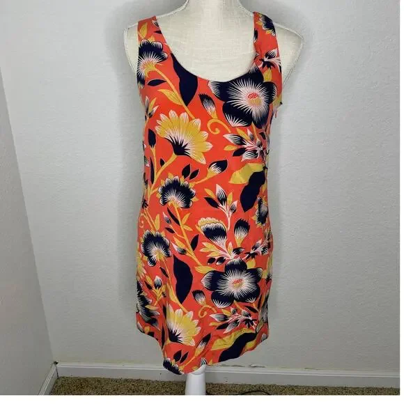 J Crew Womens Coral Floral Printed Twist Back Lined Silk Dress Size 0