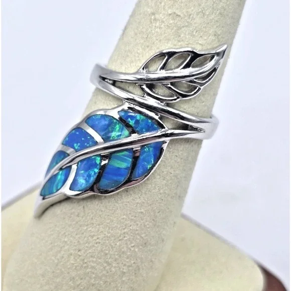 Gorgeous Blue Lab Opal Ring Size 6.75 Leaf Fern‎ Wrap Sterling Silver 925 NWOT
