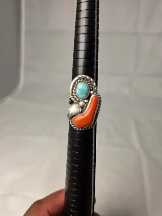 Vintage Native American Navajo Sterling Silver Turquoise and Coral Ring Signed E