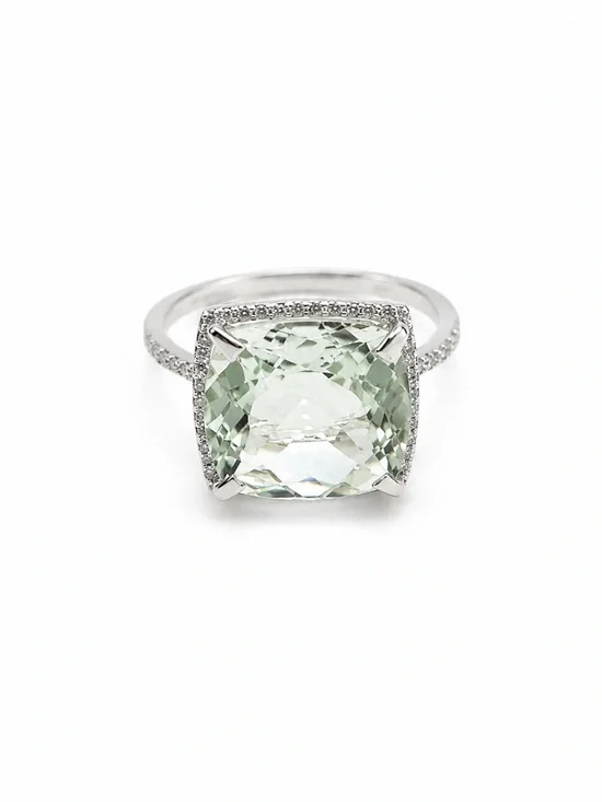 14K White Gold Green Amethyst Diamond Halo Ring