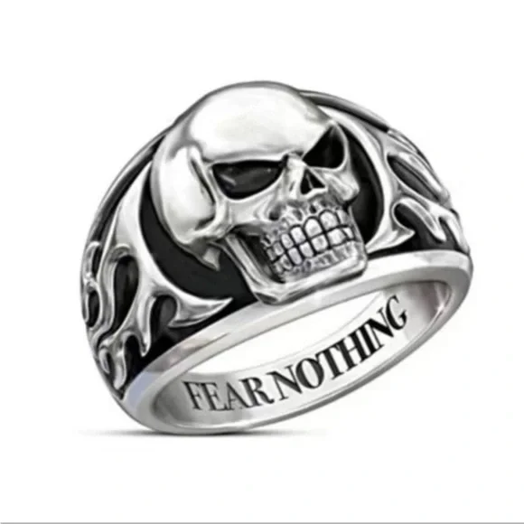 Silver Skull Ring Fear Nothing Engraved Women’s Goth Punk Biker Statement Ring 7