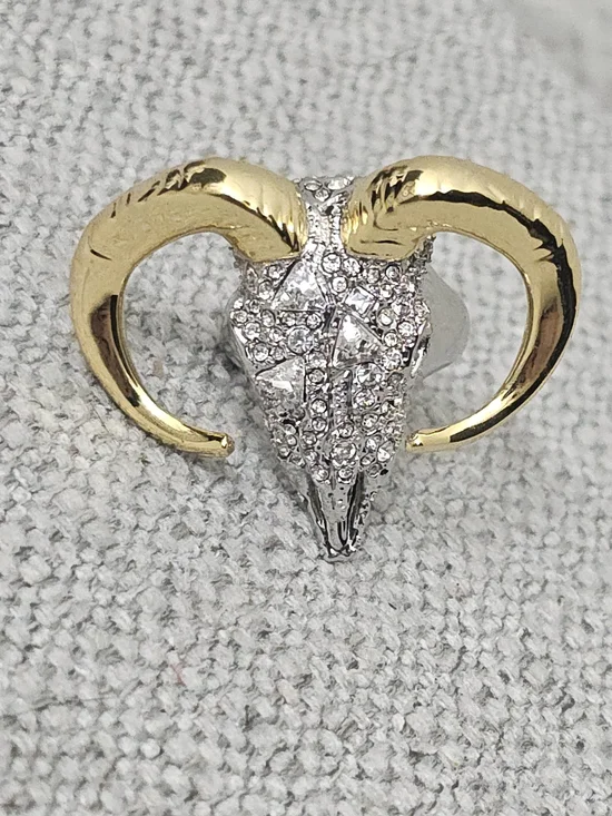 Alexis Bittar Ram Skull Crystal Statement Ring Gold & Silver Size 7