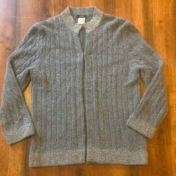 J.Crew Cardigan Medium Gray Beaded Cashmere Wool Angora Blend 3/4 Sleeves Cable