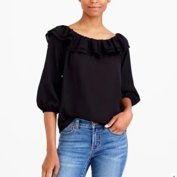 🌻J.Crew Mercantile Black Versatile Ruffle Blouse Womens Size Small
