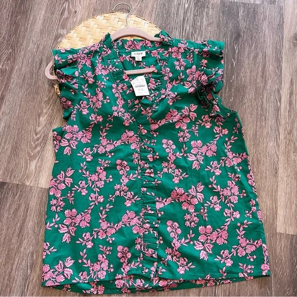 NWT J. Crew ruffle trim sleeveless blouse‎ green and pink floral print button