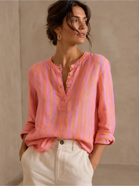 J.Crew 100% Linen Pink Orange Striped Popover Blouse Top S