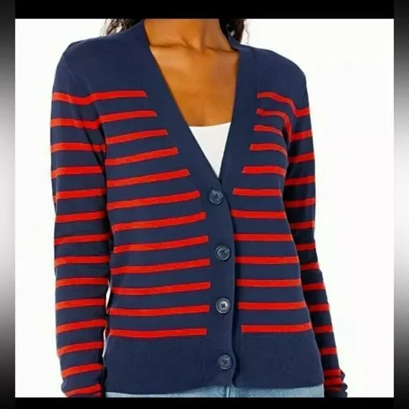 J. Crew Women’s Striped V-Neck Cotton Cardigan Sweater Sz S‎ Preppy Academia
