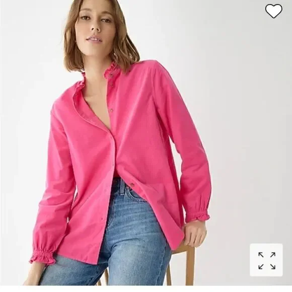 J CREW Corduroy Ruffleneck Hot Pink Button Down Shirt Sz 0 NWT