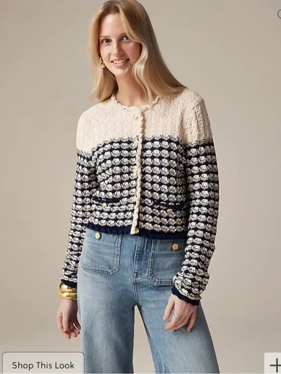 NWT J.Crew Textured Knit Cropped Cardigan Sweater Navy Cream‎ Gold Buttons Small