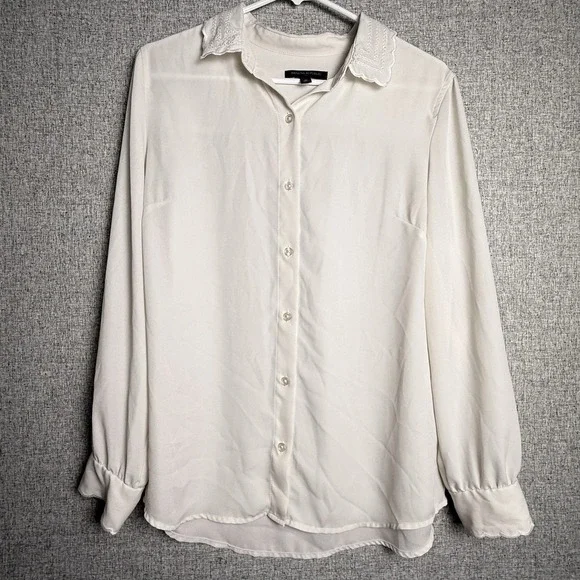 J.‎ Crew Ivory Bone Embroidered Collar Cuffs Long Sleeve Dress Shirt MEDIUM