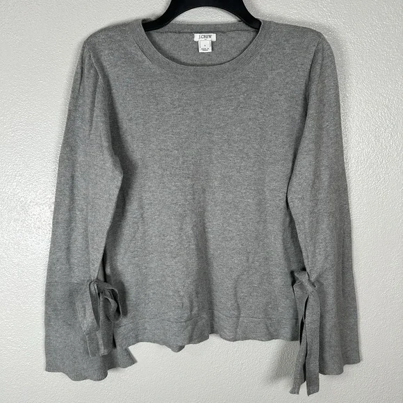 J Crew Tie Bell Sleeve Sweater Womens Small‎ Crewneck Lightweight Gray Cotton