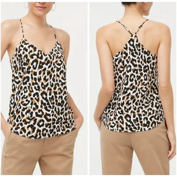 J. Crew Factory Blouse Women 4 Tan Leopard‎ Print Scallop Trim Bohemian Preppy