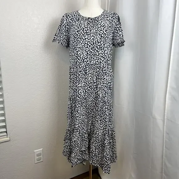 J Crew Midi Dress Womens Medium Blue White Leopard Print Puff Sleeve Tiered Boho