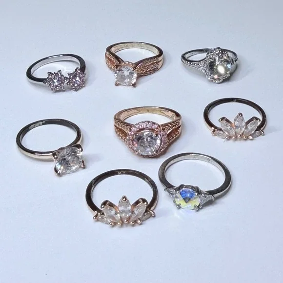 Fragrant Jewels Ring Lot 8pc Rose Gold Silver Tone CZ Halo Crown Floral Size 6