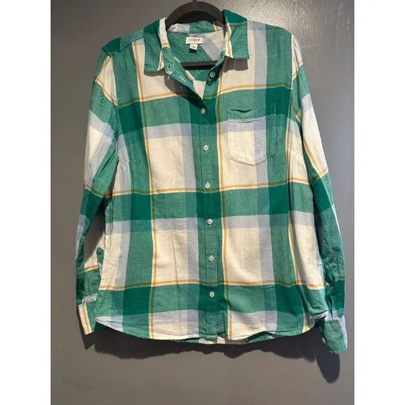 J.Crew Plaid Shirt Women L Green White Cotton Button Up Long Sleeve Preppy