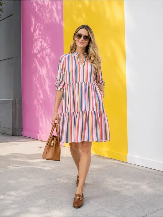 J.Crew‎ Tiered Popover Dress Petite Small Stripe Cotton NWT Pockets
