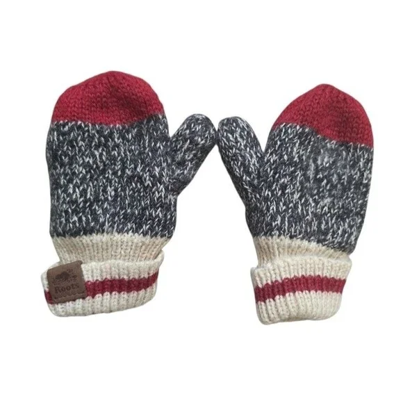 Roots Canada Baby Toddler Mittens Knit Gray Red Winter Outdoor Ski Sledding