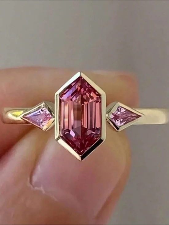 CZ Ring with Pink Hexagonal Center Stone and Pink Side Stones size 7