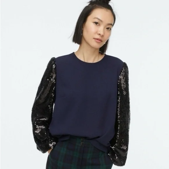 J Crew Sequin‎ Black Sleeve Crepe Navy Blouse Sz Small