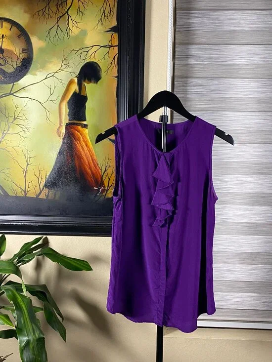 J.Crew Pure Silk Top Purple Ruffle Sleeveless Blouse Royal Gem Bold CorpGoth